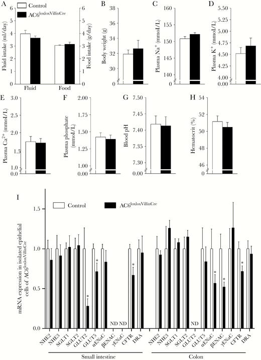 Lack of adenylyl cyclase 6 (AC6) in intestinal epithelial cells is not associated with an overt phenotype. Physiological analysis of control (AC6loxlox) and AC6loxloxVillinCre mice with free access to food and water in regular cages (averaged over a 6-day period). No significant differences between the genotypes were observed for fluid or food intake (A; note the use of 2 y-axes), body weight (B), plasma Na+ (C), plasma K+ (D), plasma Ca2+ (E), plasma phosphate (F), blood pH (G), or hematocrit (H) (n = 6/genotype). I, Messenger RNA (mRNA) expression of various transporters and channels in epithelial cells isolated from the small intestine or colon of control (AC6loxlox) or AC6loxloxVillinCre mice (n = 5/genotype). See Supplementary Table 1 for additional nomenclature details. ND = not detectable. All data were analyzed by unpaired Student t test; *P < .05 relative to control. Data are expressed as mean ± standard error of the mean.