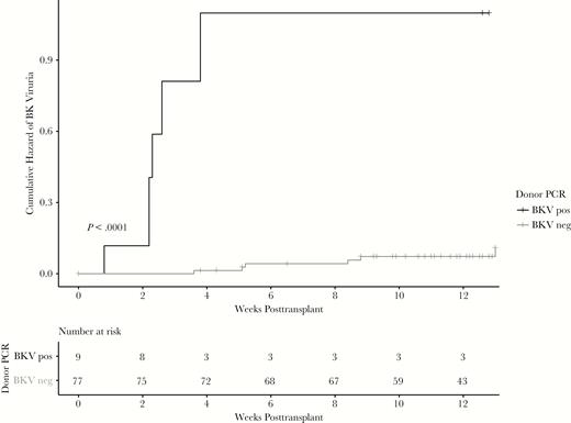 Pretransplant donor BK viruria is associated with early posttransplant recipient BK viruria. Recipients of BK viruric donors were more likely to develop BK viruria at 3 months (66.6% vs 7.8%; P < .001) and develop BK viruria earlier (log-rank test, P < .001) compared with kidney recipients from non-BK viruric donors. Abbreviations: BKV, BK virus; neg, negative; PCR, polymerase chain reaction; pos, positive.
