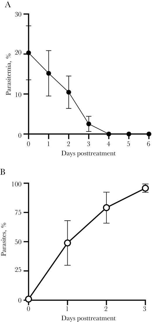 Recrudescent parasites after adoptive transfer to naive mice with severe combined immunodeficiency (SCID) remain susceptible to tafenoquine (TQ). Twelve days after blood was transferred from infected TQ-treated mice into naive SCID mice, oral TQ (20 mg/kg) was administered to these naive mice. A, Percentage parasitemia after administration of TQ is shown as the mean and standard error (SE) for each group of mice. Parasitemia was undetectable by day 4 after administration of TQ. Below detection represents a scan of 1000 red blood cells per slide. Linear regression analysis indicated that the reduction in percentage of parasitemia per day was significant in TQ-treated mice (P < .0001). B, The TQ treatment-associated phenotype was evident, and in some cases, predominant, within 24 hours of TQ treatment; nearly all of the visible parasites exhibited the altered phenotype by 72 hours after initiation of TQ treatment. The mean percentages and SE of Babesia microti parasites with the TQ-induced phenotype prior to and 1 day, 2 days, and 3 days after TQ administration compared to the total number of visualized parasites are shown.
