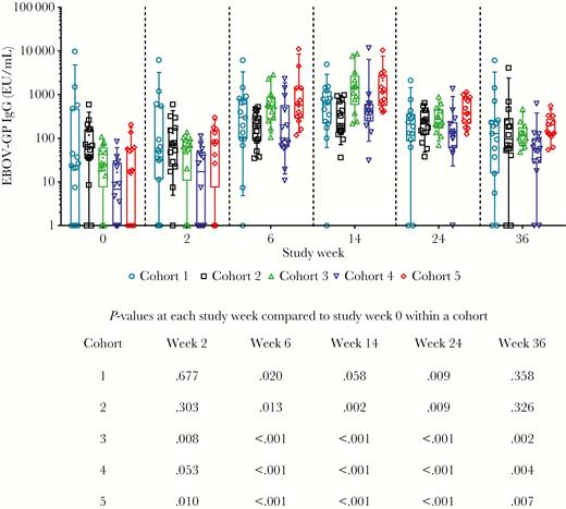 EBOV GP Specific Antibodies measured by ADI ELISA. Open symbols represent individual subjects, the box extends from the 25th to 75th percentile, line inside the box is at the median, and whiskers represent the 10th–90th percentile. The mean is denoted by +. Below the graph is shown P values for each cohort at each time point compared to their own baseline, from Wilcoxon signed rank test. Abbreviations: ADI ELISA, Alpha Diagnostic enzyme-linked immunosorbent assay; EBOV, Ebola virus; EU, ELISA unit; GMT, geometric mean titer; GP, glycoprotein.
