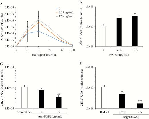 Fibroblast growth factor 2 (FGF2) enhances viral replication in human fetal astrocytes (HFAs). HFAs were pretreated for 24 hours with or without recombinant human FGF2 (6.25–12.5 ng/mL) and then infected with Zika virus (ZIKV) strain PLCal (multiplicity of infection, 3). A, Medium was collected daily from infected HFAs cultured with or without FGF2, and viral titers were determined by a plaque assay. B, Total RNA was extracted 2 days after infection from HFAs and then subjected to quantitative reverse transcription–polymerase chain reaction (qRT-PCR) analysis to determine how FGF2 affected levels of viral RNA. C and D, ZIKV-infected HFAs were cultured in the presence of a neutralizing mouse anti-FGF2 antibody (Ab) or an isotype-matched mouse immunoglobulin G (IgG; C) or the FGF receptor inhibitor BGJ398 or dimethyl sulfoxide (DMSO; D) for 2 days, after which total RNA was extracted and viral RNA quantitated by qRT-PCR. Values are expressed as the mean of 3 independent experiments. Error bars represent standard errors of the mean. PFU, plaque-forming units. *P < .05, **P < .01, and ***P < .001, by the Student t test.