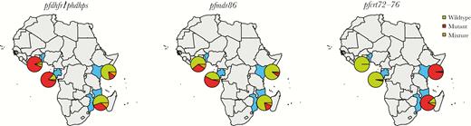 Geographical distribution of resistance markers in study. Prevalence of polymorphisms of resistance markers pooled throughout the study at the different African sites (Benin, Gabon, Kenya, and Mozambique): quintuple IRNGE pfdhfr/pfdhps (left plot), pfmdr1 polymorphism 86Y (middle plot), and pfcrt codons 72–76 haplotype CVIET (right plot). Green denotes prevalence of wild type, red denotes resistant, and orange denotes prevalence of mixtures at any single-nucleotide polymorphism in the genotype.