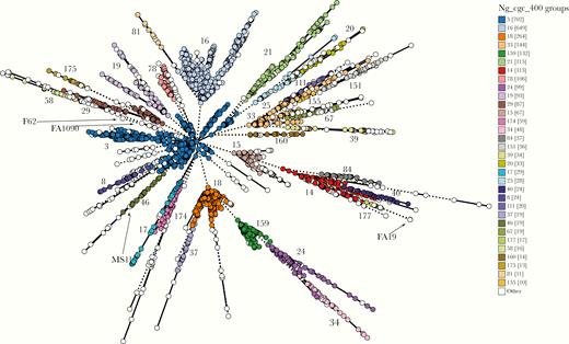 Population structure of Neisseria gonorrhoeae, with minimal spanning tree depicting Ng_cgMLST comparison of whole-genome sequence data of 3724 N. gonorrhoeae isolates used in this study. Each circle represents ≥1 isolate, and the size of the circle corresponds to the number of isolates. Only groups with ≥10 isolates are color coded and labeled, with the number of isolates in each group provided in brackets. The locations of common gonococcal laboratory strains are indicated.