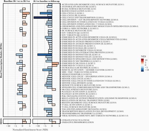 Gene set enrichment analysis (GSEA) of blood transcription modules (BTMs) and metabolic pathways during Schistosoma haematobium infection. The GSEA of BTMs and KEGG metabolic pathways during S haematobium infection and after parasite removal after praziquantel treatment. All modules shown are significantly enriched (false discovery rate-adjusted, P < .05). NES, normalized enrichment score.
