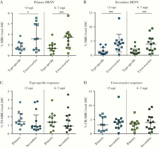 Development of type-specific and cross-reactive memory B-cell (MBC) responses after dengue virus (DENV) infection. Frequency of DENV type-specific and DENV cross-reactive immunoglobulin G-secreting MBCs over total antibody-secreting cells (ASCs) in (A) primary and (B) secondary DENV infections at ~2 weeks (left) and 6–7 months (right) postinfection. The frequency of (C) DENV type-specific and (D) DENV cross-reactive MBC responses in primary and secondary infections at ~2 weeks and 6–7 months postinfection. The mean and standard deviation are shown for all graphs. Significance was determined by a Wilcoxon test for A and B and a Mann-Whitney for test for C and D: *, P < .05; ***, P < .001. At ~2 weeks postinfection, primary DENV, n = 10; secondary DENV, n = 13. At 6–7 months postinfection, primary DENV, n = 12; secondary DENV, n = 13. mpi, months postinfection; wpi, weeks postinfection.