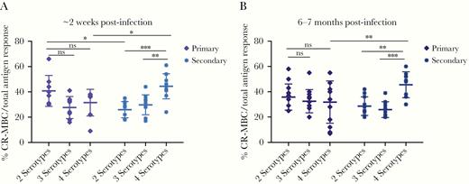Comparison of the proportion of cross-reactive memory B-cell (CR-MBC) responses to different numbers of dengue virus (DENV) serotypes. Samples were collected after primary and secondary DENV infection at (A) ~2 weeks and (B) 6–7 months postinfection and stratified by the number of DENV serotypes. The mean and standard deviation are shown for both graphs. Significance was determined by a two-way analysis of variance multiple comparisons test: *, P < .05; **, P< .01; ***, P < .001. At ~2 weeks postinfection, primary DENV, n = 10; secondary DENV, n = 13. At 6–7 months postinfection, n = 13 for both groups. ns, not significant.