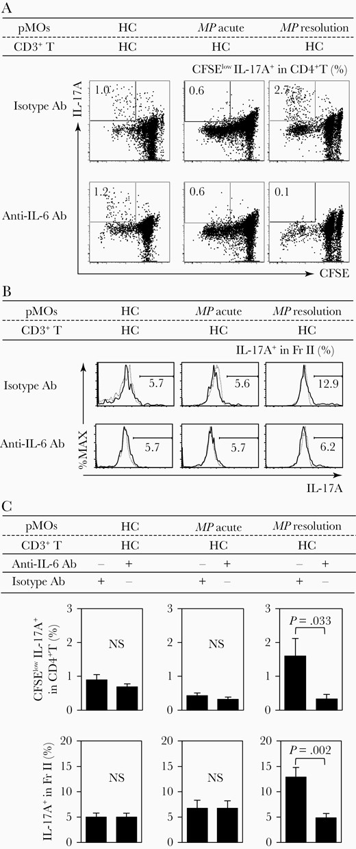 Increased Th17 cells and interleukin (IL) 17A+ induced regulatory T cells (iTregs) by IL-6 from proinflammatory monocytes (pMOs) of patients with Mycoplasma pneumoniae (resolution stage). A, Representative dot plots showing the frequencies of 5-(and -6)-Carboxyfluorescein diacetate succinimidyl ester (CFSE)low Th17 cells. B, Representative histograms showing IL-17A+ cells in iTregs. C, Mean frequency of CFSElow Th17 cells and IL-17A+ cells in iTreg in cocultures of healthy control (HC) T cells and HC-pMOs or MP infection pMOs (acute/resolution) under the presence/absence of anti–IL-6 antibody (Ab). Each value represents mean ± standard error of the mean. MP patients, n = 8; HCs, n = 13.