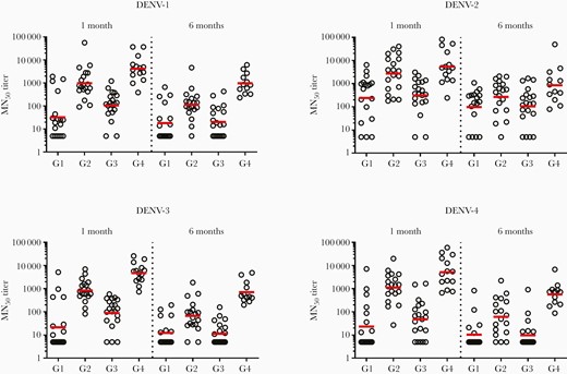 Neutralizing antibody titers by group, serotype, and measurement at 28 and 180 days following booster vaccination. Abbreviations: DENV, dengue virus; G1, group 1; G2, group 2; G3, group 3; G4, group 4; MN50, 50% microneutralization end point.