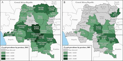 Point prevalence estimates of Plasmodium ovale infections by Democratic Republic of the Congo province (A) for the 2013 Demographic and Health Survey (DHS) of 18 149 adults and (B) for the 2007 DHS survey of 8793 adults. The number of positive ovale samples and the province sample size (weighted) is listed below each province name.