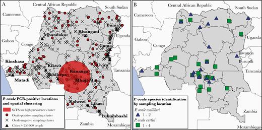 A, Spatial clustering of ovale malaria infections detected by SaTScan. Large cities with a population estimate of greater than 250 000 in 2000 and Demographic and Health Survey sampling cluster locations are included for reference. Sample clusters represented by a closed circle indicate the presence of 1 or more individuals positive for Plasmodium ovale, clusters represented with an “X” indicate that no P. ovale was detected. B, Sampling locations corresponding to P. ovale curtisi and P. ovale wallikeri-positive samples. For 12 samples across 5 provinces, global positioning system (GPS) sampling cluster coordinates were missing; these samples were plotted at the centroid coordinates of their respective province.