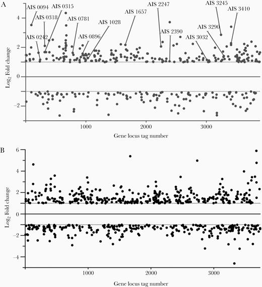 Dispersion plot of genes differentially expressed in (A) ATCC 17978 and (B) AbH12O-A2 strains during lung infection in the murine model. The 14 genes selected for gene deletion in the reference strain ATCC 17978 are indicated.