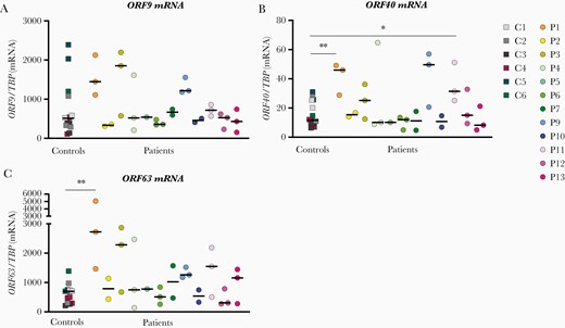 Expression of viral genes in peripheral blood mononuclear cell (PBMC)-varicella zoster virus (VZV)-MeWo cocultures. Patient and control PBMCs were cocultured with uninfected MeWo cells (UI-MeWo) or VZV-ROKa-infected MeWo cells (VZV-MeWo) at a ratio of 1:0.4 (PBMC/MeWo) and lysed 48 hours postinfection. Total ribonucleic acid (RNA) was purified from cell lysates and subjected to quantitative reverse-transcription polymerase chain reaction for expression of the viral open reading frame (ORF) genes ORF9 (A), ORF40 (B), and ORF63 (C). Messenger RNA (mRNA) levels were normalized to the expression of TATA binding protein (TBP). Statistics were calculated using the Mann-Whitney rank-sum test.*, P ≤ .05; **, P ≤ .01. Line with black asterisks indicates decreased expression, and line with red asterisks indicates increased expression. No line and asterisk, nonsignificant.