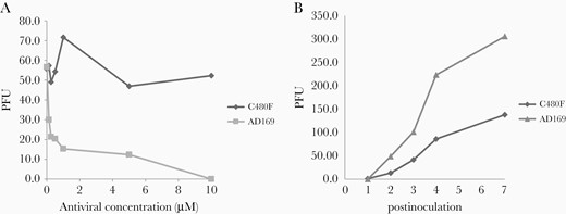 Phenotypic assay of the C480F mutation. The C480F recombinant cytomegalovirus (CMV) strain was compared with an AD169 CMV control strain. A, Maribavir plaque reduction curves. Plaque-forming units (PFUs) were counted at day 5 postinoculation. Viral susceptibility was assessed in triplicate. B, Comparative growth curves of viral strains. Both strains were inoculated at an equal multiplicity of infection of 0.01. PFUs were counted from days 1 to 7 postinoculation. Data shown are the mean of 3 replicates set up simultaneously.