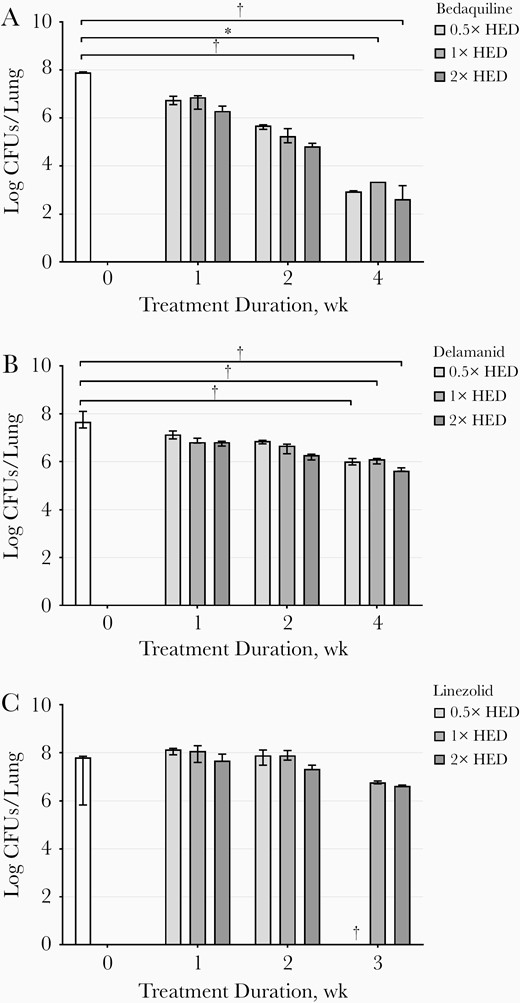Mycobacterial load in lungs expressed as median and range (error bars) of the colony-forming units (CFUs) (n = 3), at weeks 0, 1, 2, and 3 or 4 weeks after treatment with bedaquiline (A), delamanid (B), or linezolid (C). White bars represent control mice; bars from light to dark gray represent mice treated with 0.5×, 1×, and 2× the human pharmacokinetic equivalent dose (HED). *P < .01; **P < .001 (1-way analysis of variance). †Three mice were euthanized before planned as humane end points had been reached. Results for 1 mouse treated with 0.5×, 2 treated with 1×, and 1 treated with 2× the HED for bedaquiline are missing in week 4, since no undiluted samples were analyzed and 10× diluted samples of lungs and spleen did not show any CFUs.