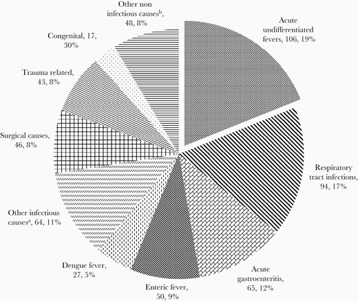 Causes of hospitalization in the Vellore cohort between 2016 and 2019 (n = 560). aIncludes infections of genitourinary system, viral hepatitis, mumps, meningitis, skin infections, tuberculosis, and other infectious conditions. bIncludes seizure disorders, poisoning, renal diseases, and others.