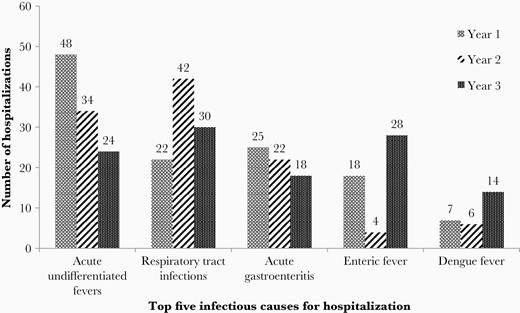 Year-wise distribution of top 5 infectious causes of hospitalization between 2016 and 2018 (n = 342). Year 1 = October 2016–October 2017; year 2 = November 2017–October 2018; year 3 = November 2018–October 2019.