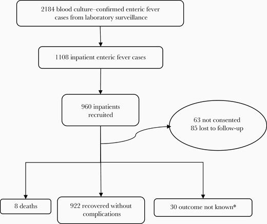 Outcomes among hospitalized enteric fever cases in tertiary care surveillance. *Outcome not known due to leaving against medical advice or referral to other hospitals.