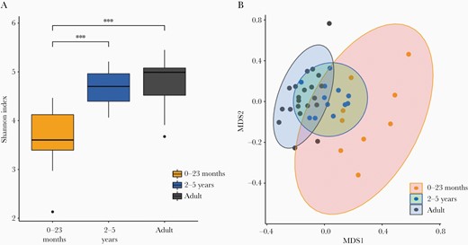 Microbial diversity in fecal samples from healthy Vietnamese participants. Microbial species diversity stratified in 3 different age groups: 0–23 months, 2–5 years, and adults. A, Box plots showing sample evenness measured using Shannon index. B, Between-sample dissimilarity measured by using Bray–Curtis dissimilarity. ***P < .05 (pairwise Wilcoxon test). Abbreviation: MDS, multidimensional scaling.