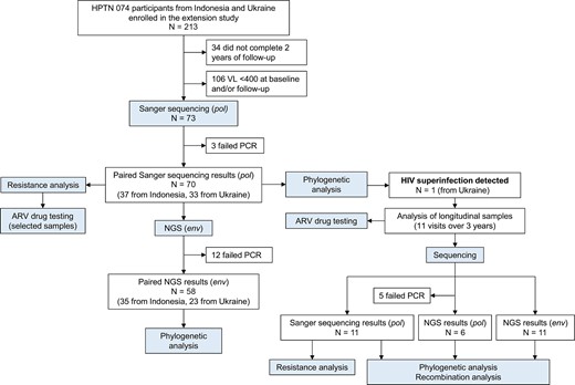 Overview of study design. The figure shows a summary of the testing conducted for study participants from Indonesia and Ukraine. Abbreviations: ARV, antiretroviral; HPTN, HIV Prevention Trials Network; NGS, next-generation sequencing; PCR, polymerase chain reaction; VL, viral load.