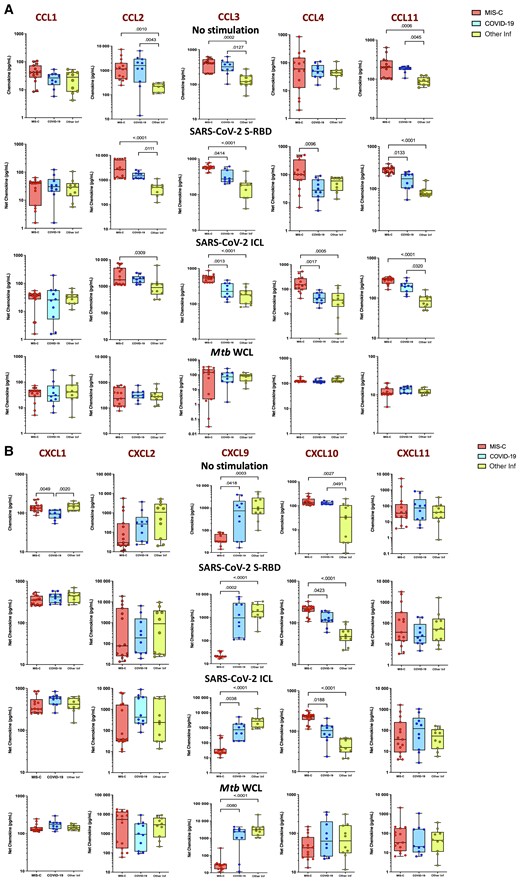 Children with multisystem inflammatory syndrome in children (MIS-C) have elevated chemokine responses to severe acute respiratory syndrome coronavirus 2 (SARS-CoV-2) antigens. Whole blood from children with MIS-C (n = 15), coronavirus disease 2019 (COVID-19) (n = 10), and other infectious diseases (Inf) (n = 10) were stimulated with medium alone, SARS-CoV-2 spike receptor-binding domain (S-RBD), SARS-CoV-2 irradiated cell lysate (ICL), and Mycobacterium tuberculosis whole cell lysate (Mtb WCL) for 12 hours. Levels of CC (A) and CXC (B) chemokines were measured by multiplex assays. Each circle represents a single individual and the bars represent the geometric mean values. P values were calculated using the Kruskal–Wallis test with Dunn multiple comparisons.
