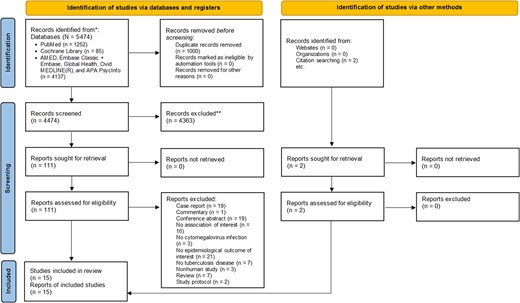 PRISMA 2020 flow diagram for new systematic review, which included searches of databases, registers, and other sources. *Consider, if feasible to do so, reporting the number of records identified from each database or register searched (rather than the total number across all databases/registers). **If automation tools were used, indicate how many records were excluded by a human and how many were excluded by automation tools.