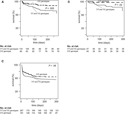 Kaplan-Meier curves comparing survival in a dominant allelic model of MUC5AC SNP rs28737416 in the tuberculous meningitis (TBM) discovery and validation cohorts among participants who received dexamethasone. Kaplan-Meier curves displaying time to death using a dominant allelic model comparing participants with the T/T and T/C genotypes to those with the C/C genotype are shown for (A) Vietnam TBM discovery cohort, (B) Vietnam TBM validation cohort, and (C) Indonesia TBM validation cohort. Displayed P values represent comparison of the survival distributions by the log-rank test.