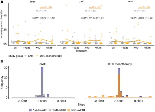 Average pairwise diversity of near full-length HIV-1 proviral sequences of 43 early-treated individuals over the observation period after APOBEC filtering. A, Average pairwise diversity within gag (n = 139), pol (n = 147), and env (n = 123) after APOBEC filtering for distinct participants on dolutegravir (DTG) monotherapy (orange) and combination antiretroviral therapy (cART; gray) (dots); median with interquartile range (line and bars) is shown. Wilcoxon tests were performed. B, Slope of diversity before study, ie, from 1 year after ART start (as) to Early Simplified Study week 0 (1yaas–wk0) (blue) and during the study, ie, from ESS week 0 to ESS week 48 (wk0–wk48) for DTG monotherapy (orange) and cART (gray) participants’ sequences after APOBEC filtering. Slopes for all 3 genes are shown in the same graph. Median slope before study (dotted) and during study (dashed) is shown with a vertical line.