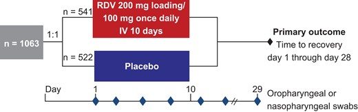 ACTT-1 study design. Abbreviations: ACTT-1, Adaptive COVID-19 Treatment Trial-1; IV, intravenous; RDV, remdesivir.