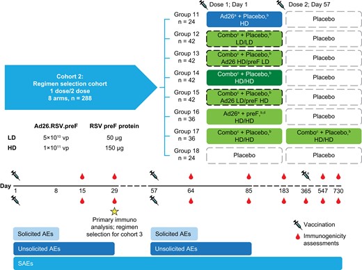 Study schematic: cohort 2. Ad26, adenovector 26; AE, adverse event; HD, high dose; LD, low dose; preF, prefusion conformation-stabilized RSV F protein; RSV, respiratory syncytial virus; SAE, serious adverse event; vp, viral particle. aAd26.RSV.preF. bInjections given in opposite arms. cA combination injection of Ad26.RSV.preF and recombinant RSV preF protein at the specified dosages. dRecombinant RSV preF protein. eCohort 1 received an additional dose at day 365.