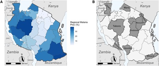 A, National map of regional malaria prevalence in 2021 as determined by a combination of blood slide positivity rates and Pfhrp2/LDH RDT positivity rates. Data courtesy of National Malaria Control Programme, Dodoma. B, Map of Tanzania highlighting study regions.