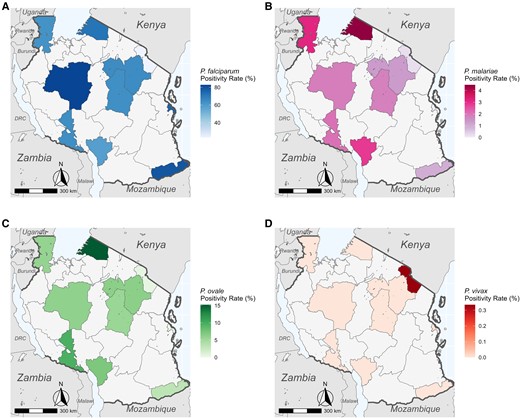 Species positivity rate maps across Tanzania for (A) Plasmodium falciparum, (B) Plasmodium malariae, (C) Plasmodium ovale spp., and (D) Plasmodium vivax. Shaded regions represent only positivity rates among health facility samples and should not be assumed to represent true regional prevalences.