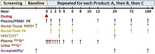 Study schema. Blood was collected for safety assessment predose and at 24 hours. Dashed arrow indicates blood (plasma/PBMC) collection at 12 hours at Johns Hopkins University School of Medicine only. Dotted arrows indicate sparse sampling (only two sampling times for biopsies per participant). aOnly baseline, 72-hour, and 168-hour biopsy was preceded by nonmedical cleansing douche. bJohns Hopkins University School of Medicine only. cAcceptability at 168 hours was a global comparative assessment only after all products had been received. Abbreviations: PBMC, peripheral blood mononuclear cell; PD, pharmacodynamics; PK, pharmacokinetics; SPECT/CT, single-photon emission computed tomography/computed tomography.
