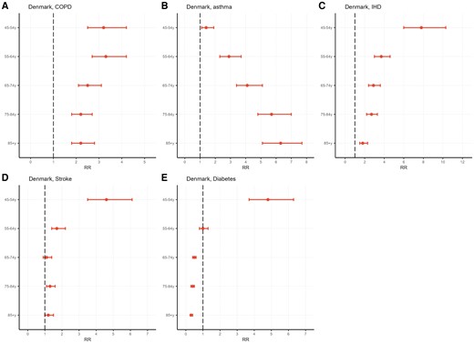 Age-specific rate ratios (RRs) of respiratory syncytial virus–associated respiratory tract infection hospitalization among Danish adults with comorbidities compared to the overall population. A–E, Estimates for COPD, asthma, IHD, stroke, and diabetes. Error bars indicate 95% uncertainty range. COPD, chronic obstructive pulmonary disease; IHD, ischemic heart disease.