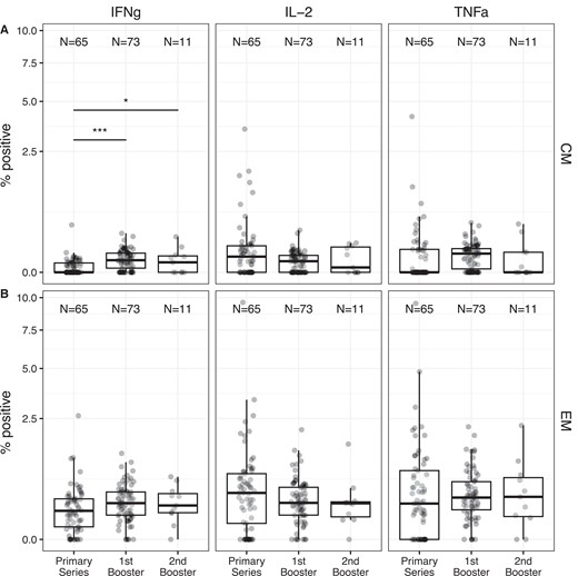 Relative frequencies of antigen-specific (A) CM and (B) EM T cells show minimal changes between time points. The frequency of cells expressing IFN-γ, IL-2, or TNF-ɑ in the CM or EM compartment after incubation with spike protein is shown. Overlaid boxplots display the median in bold line and the 1st and 3rd quartiles at the top and bottom of the box with whiskers that extend to the highest value within 1.5 times the interquartile range (IQR) above the 3rd quartile and below the 1st quartile. For each memory type and cytokine, a mixed-effects linear regression model predicting square-root transformed cytokine frequency was used to assess the effect of vaccine time point while adjusting for infection status and cohort. When the model detected an effect of time point on the cytokine frequency, post hoc paired differences across the 3 time points were tested using a Tukey P value adjustment. Significant differences across time points are shown. *P < .05; ***P < .001. For CM IL-2, the model assumptions were not met and no statistical comparisons were performed across time points. Both COVID-19-naive and previously infected donors are combined in the figure. For all cytokines and times, significant differences between CM and EM values within subjects were detected (Wilcoxon signed rank P < .05 for all). Abbreviations: CM, central memory; EM, effector memory; IFN-γ, interferon-γ; IL-2, interleukin 2; TNF-ɑ, tumor necrosis factor-α.