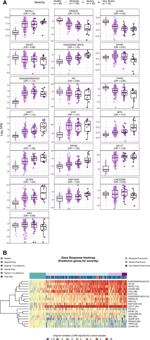 Boxplots (A) and heatmap (B) of differentially expressed genes predicting pneumonia severity. To identify gene expression signatures that best predicted illness severity defined on an ordinal severity scale (very severe, severe, moderate and healthy), a lasso-regularized ordinal regression model was used. Box plots and heatmap represent gene expression, quantified as log2 counts per million. Odds ratios reflect the relative change in odds for a more severe outcome associated with a unit change in gene expression. Gene descriptions are listed in Table 2. Abbreviations: B, gene represented in typical vs atypical bacterial model; CPM, counts per million; LCPM, log2 counts per million; OR, odds ratio; S, gene represented in severity model; V, gene represented in viral vs bacterial model.