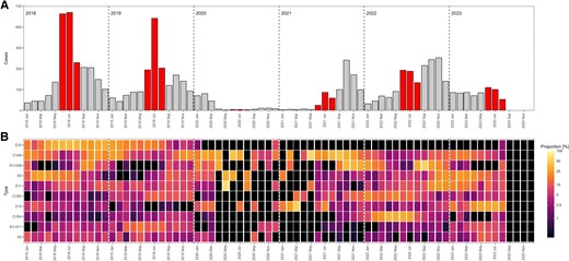 A, Temporal distribution of EV-positive cases, 2018–2023 (n = 10 925). The summer months (June-August) are highlighted in red. B, Relative monthly distribution of 10 most commonly reported EV types. The color intensity in the heat maps is based on the natural logarithm of the fraction of the number of cases of each type over the total number of cases within each month adding up to 100%. Black regions represent either zero infections or no data. Abbreviations: CV, coxsackievirus; E, echovirus; EV, enterovirus.
