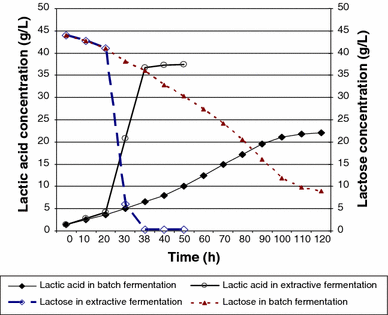 Lactic acid production and lactose consumption in batch an extractive fermentation