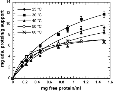Experimental data and Langmuir isotherm fits for protein adsorption of the partially purified lipase from Geobacillus thermoleovorans CCR11 on microporous polypropylene at different temperatures: (filled diamond) 25 °C, (filled square) 30 °C, (filled triangle) 40 °C, (open square) 50 °C, (times) 60 °C