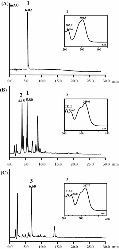 HPLC analysis of extracts from supernatants of cultures containing E. coli cells expressing TAL alone or together with Sam5 and COM. The cells were cultured in modified M9 medium and analyzed after 24 h induction. a E. coli harboring pET-TAL plasmid. b E. coli harboring pET-Sam5 fed with 4-coumaric acid. c E. coli harboring pET-T5 M coexpressing TAL, Sam5, and COM proteins. Absorbance was monitored at 285 nm. The insets show the UV/Vis spectra of the compounds with the indicated HPLC peaks. Peaks indicate 4-coumaric acid (1), caffeic acid (2), and ferulic acid (3)