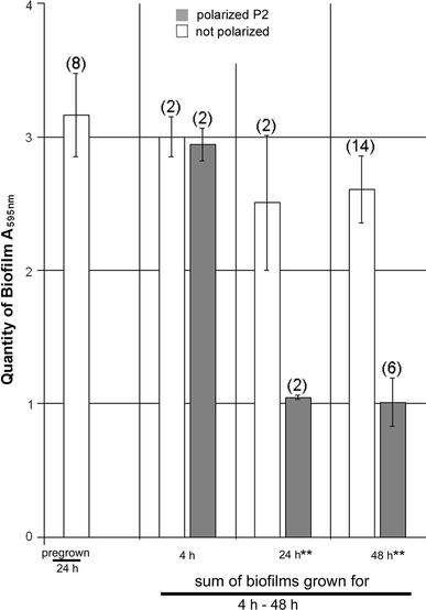 Biofilm removal from stainless steel vials in the DBA instrument during pulsed cathodically weighted polarization (P2). The biofilms were grown from inocula of D. geothermalis in 8.5 ml medium for 24 h as described for Fig. 2. The vials were then emptied, rinsed, and refilled with 20.5 ml medium and polarized (or not) for 4 h, 24 h, or 48 h. The columns show the summed amount of biofilms per vial and the error bars (n is given in parenthesis). Significant difference is indicated P < 0.05 **