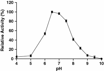 Effect of pH on the activity of the amylase. Relative activity was defined as the percentage of maximum activity detected in the assay. Values are mean ± SD of three independent experiments