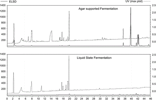 Comparison of MSM production between AgSF and LSF. Growth conditions, extraction procedure, and analytical techniques are reported in the experimental section. The compound proportions were verified by evaporative light scattering detection (ELSD) (continuous lines), while diversity was verified by both ELSD and ultraviolet (UV) detection (dashed lines)