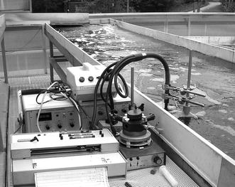 In situ monitoring of Chl-fluorescence quenching using a fibre-optic guide and a pulse-amplitude-modulation fluorometer (PAM 101-103, H. Walz) connected to a recorder in the outdoor cascade units. The fibre-optics (angle to the sun being about 60°) was protected within a glass test tube and submerged about 3 mm into the microalgal suspension. Dark-adapted samples were measured in a stirred, temperature-controlled cuvette of the emitter-detector unit ED-101US (H. Walz, Germany) coupled to the fluorometer