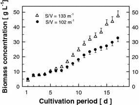 Growth curves measured as biomass concentration changes (g L−1) in the experimental (24 m2, S/V ratio = 133 m−1) and production unit (225 m2, S/V ratio = 102 m−1) during a 17-day cultivation cycle