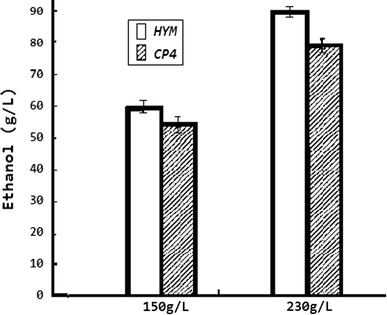 Comparisons of ethanol production with different concentrations of glucose between CP4 and HYM. Cultures were grown in RM medium (10 g/l yeast extract, 1 g KH2PO4, 1 g/l carbamide, 0.5 g/l MgSO4·6H2O) with 230 g/l glucose as the carbon source under anaerobic conditions at 32 °C. All strains were tested by three parallel experiments. After 60-h fermentation, the highest ethanol concentration of HYM was 87.1 g/l with the ethanol yield as 0.38 g/g (ethanol/glucose); while the original strain CP4 was 78.4 g/l with the ethanol yield as 0.34 g/g (ethanol/glucose). The difference of ethanol yield between HYM and CP4 was 11 %