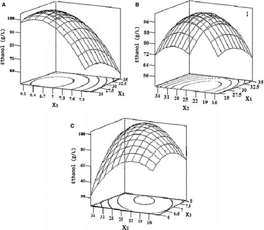 Response surface and contour plot of the effect on the ethanol production. X 1 was temperature, X 2 was glucose concentration (g/l), X 3 was initial pH, and Y was ethanol concentration (g/l). a Responsive surface of Y = f(X 1, X 3). b Responsive surface of Y = f(X 1, X 2). c Responsive surface of Y = f(X 2, X 3)