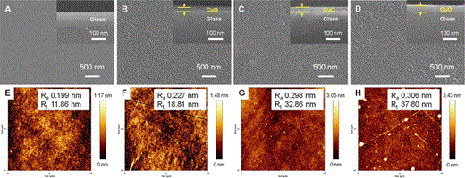 Top view field emission scanning electron micrographs (a–d) and atomic force microscopy images (e–h) of CuO thin films prepared using various Cu concentrations: a and e, parent glass; b and f, 0.2 mol % Cu; c and g, 0.3 mol % Cu; d and h, 0.4 mol % Cu. The insets (cross-sectional views) show the thickness of the CuO thin films on the glass substrates