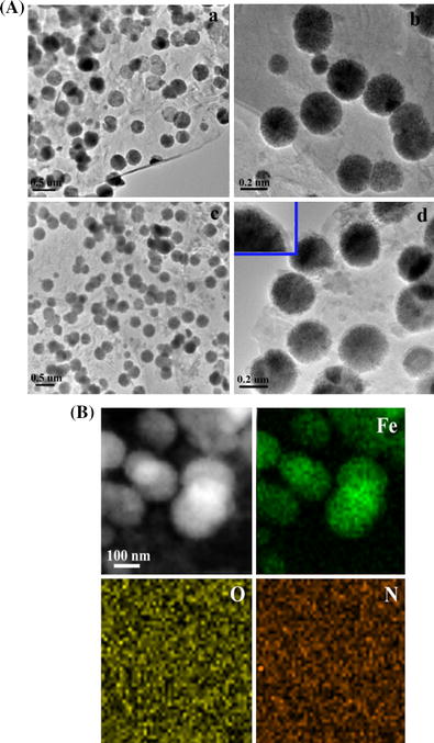 A TEM images of Fe3O4@GNSs (a and b), and Fe3O4@GNSs-PDA (c and d), B STEM image and corresponding iron, oxygen, and nitrogen elemental mapping of Fe3O4@GNSs-PDA composite