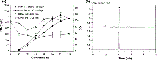 a Platensimycin production in S. platensis SB12026 in a 150-L fermentor. The PTM production at agitation speed of 270–350 rpm (a single fermentation trial) or at agitation speed of 145–305 rpm (The values reported are averages of three independent trials and are reported with standard deviations). b The purification of platensimycin from a 60 L fermentation. i crude S. platensis SB12026 fermentation extract; ii purified platensimycin. Filled circle platensimycin