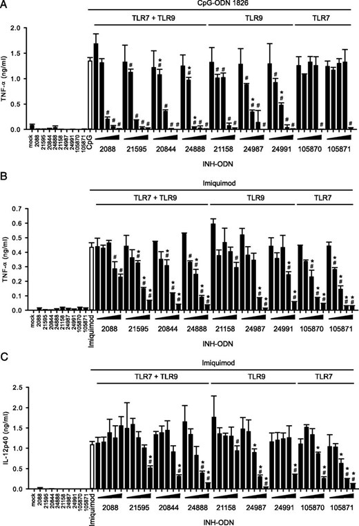 INH-ODNs impair TLR7- or TLR9-stimulated BMDMs. BMDMs (2 × 105 cells/well) were pretreated for 15 min with titrated doses (10−3, 10−2, 10−1 10°, 101 μM) of INH-ODN, as indicated. Cells were either stimulated with TLR9 ligand CpG-ODN 1826 (100 nM) (A) or TLR7 ligand imiquimod (1 μg/ml) (B, C) for 24 h. To evaluate whether INH-ODNs influence the cells per se, the highest dose (101 μM) of each INH-ODN was also evaluated without TLR-mediated stimulation. INH-ODNs were grouped according to their TLR specificity (TLR7 + TLR9, TLR9, or TLR7), as indicated (see also Table I). TNF-α (A, B) and IL-12p40 (C) levels were determined in the culture supernatant. Error bars represent SD of three individual cell cultures. The experiment was repeated once with similar results. #p < 0.05, ANOVA compared with CpG-ODN 1826 or imiquimod. *p < 0.05, ANOVA compared with INH-ODN 2088 for TLR7/9 INH-ODNs and TLR7 INH-ODNs or to INH-ODN 21158 for TLR9 INH-ODNs.